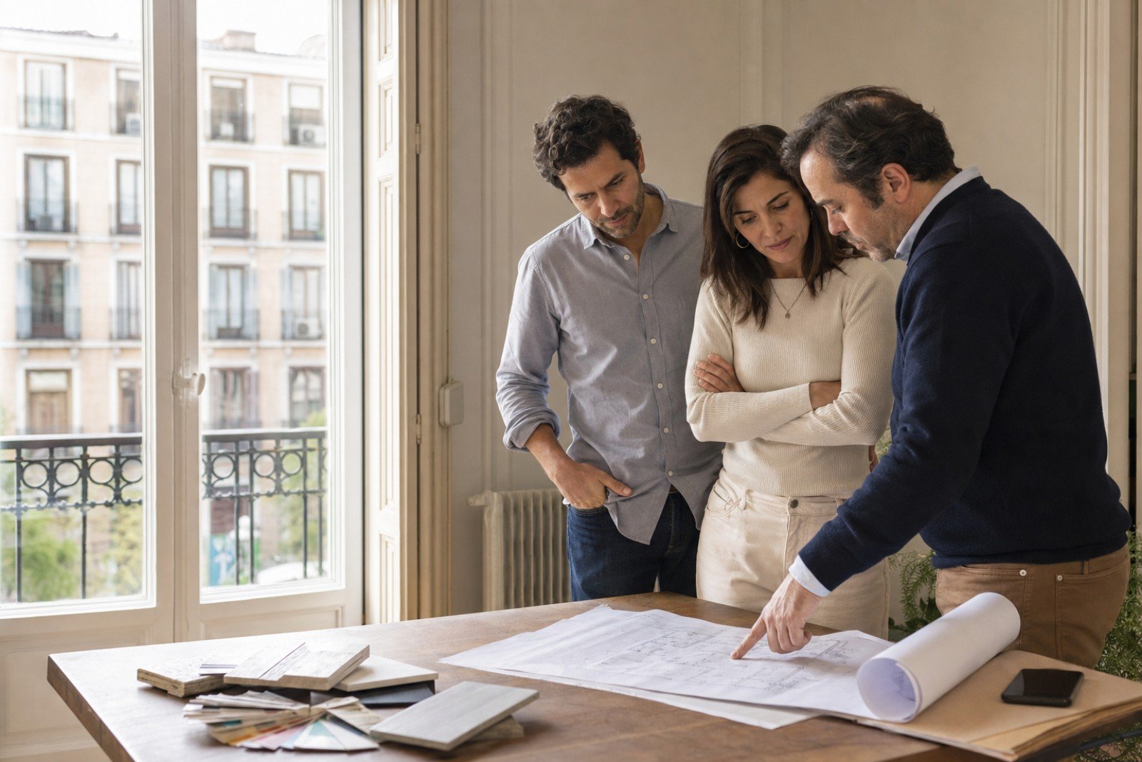 Propietarios revisando planos y materiales con un profesional antes de reformar una vivienda en Madrid